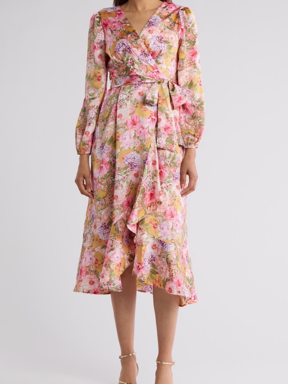 Tahari ASL Pink and Yellow Floral Wrap Midi Dress with Tie Waist